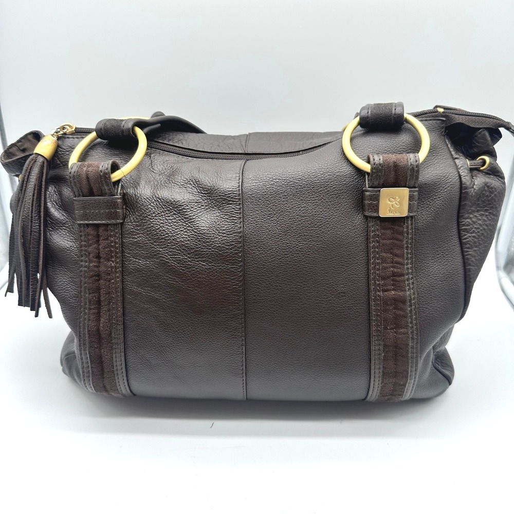 Lina Womens Dark Brown Pebbled Leather Suede Stripe Tassel Shoulder Bag Satchel